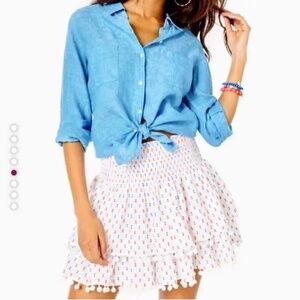 Lilly Pulitzer Ethenia Skirt Tiered Pom Pom Gauze Resort White Polka Dot, sz sm